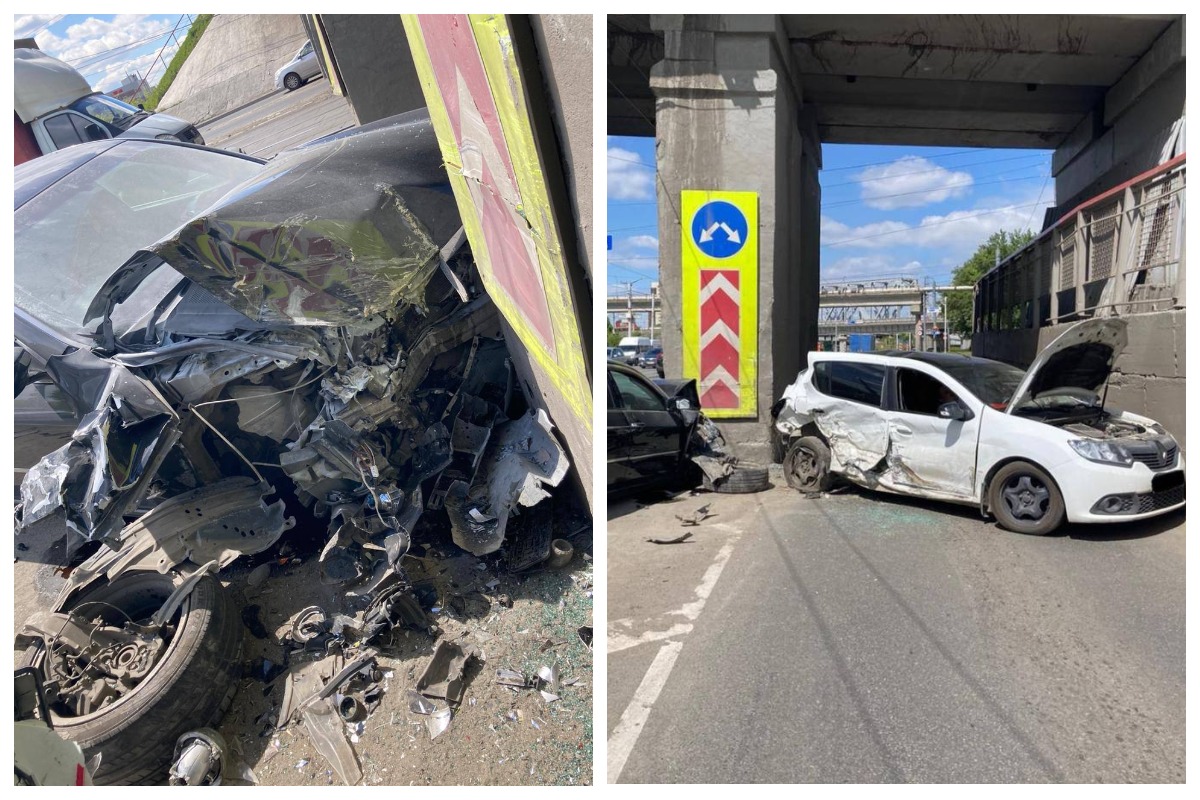 Две иномарки разбились под мостом на Копейском шоссе в Челябинске*