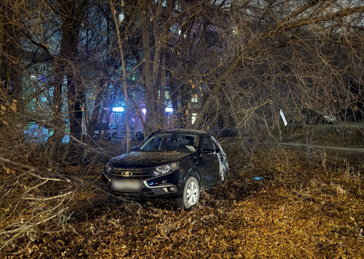 Водитель LADA Granta сбил дорожный знак и врезался в дерево в Магнитогорске*