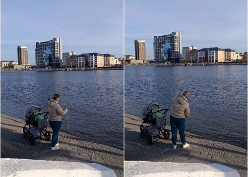 Челябинка с малышом в коляске пришла порыбачить на набережную